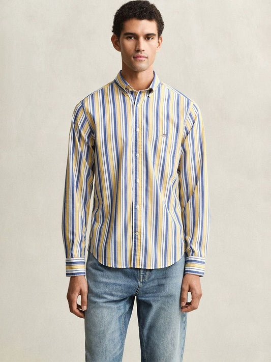 Gant Men Yellow Striped Regular Fit Poplin Shirt