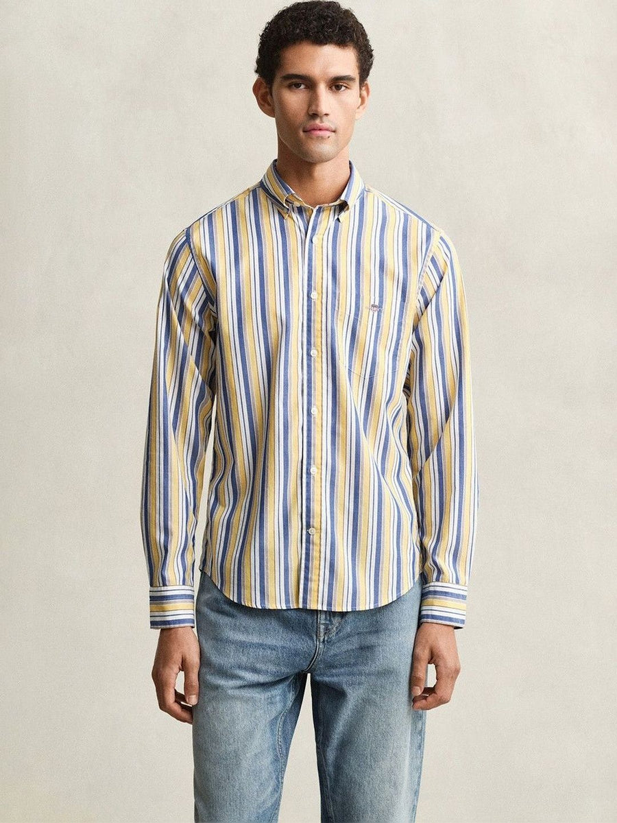 Gant Men Yellow Striped Regular Fit Poplin Shirt