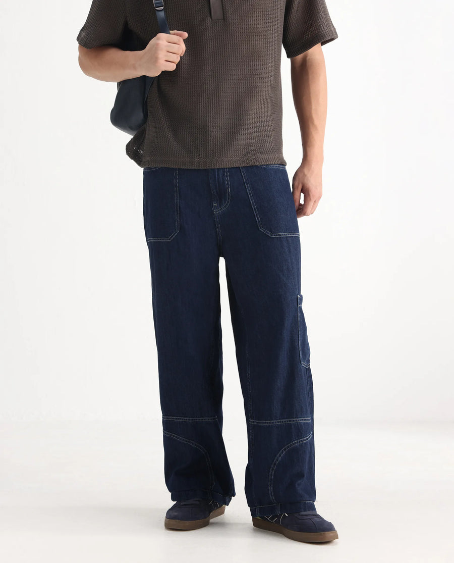 Rare Rabbit Men's Onyx Dark Blue Cotton Blend Plain Baggy Fit Jeans