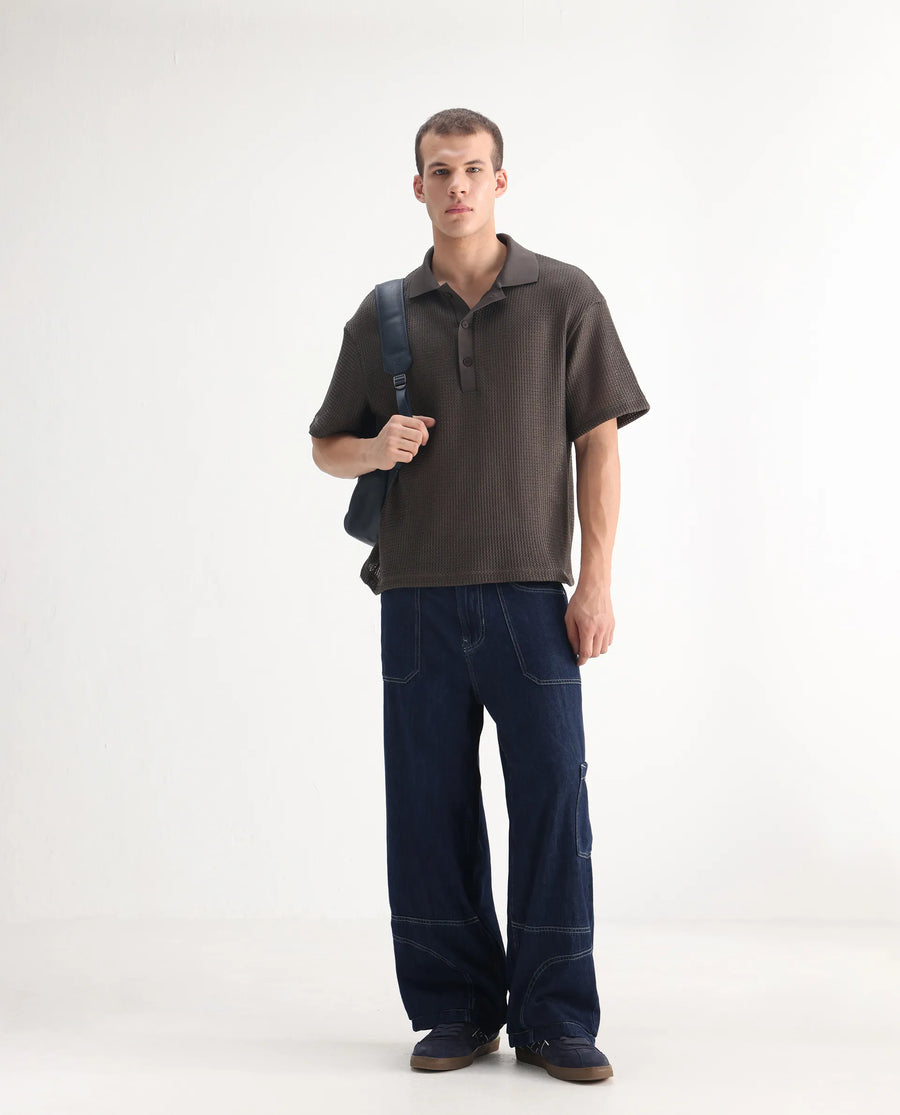Rare Rabbit Men's Onyx Dark Blue Cotton Blend Plain Baggy Fit Jeans