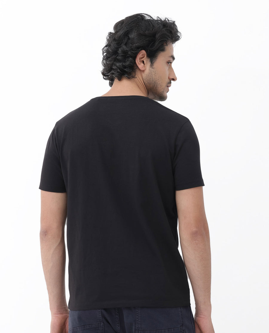 Rare Rabbit Men's Oran Black Cotton Blend Graphic Print Regular Fit Half Sleeve Crew Neck T-Shirt