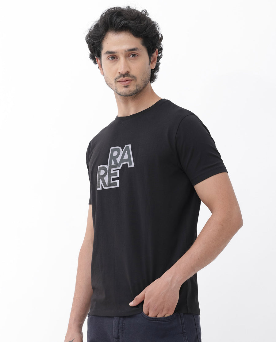 Rare Rabbit Men's Oran Black Cotton Blend Graphic Print Regular Fit Half Sleeve Crew Neck T-Shirt
