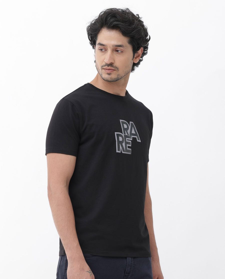 Rare Rabbit Men's Oran Black Cotton Blend Graphic Print Regular Fit Half Sleeve Crew Neck T-Shirt