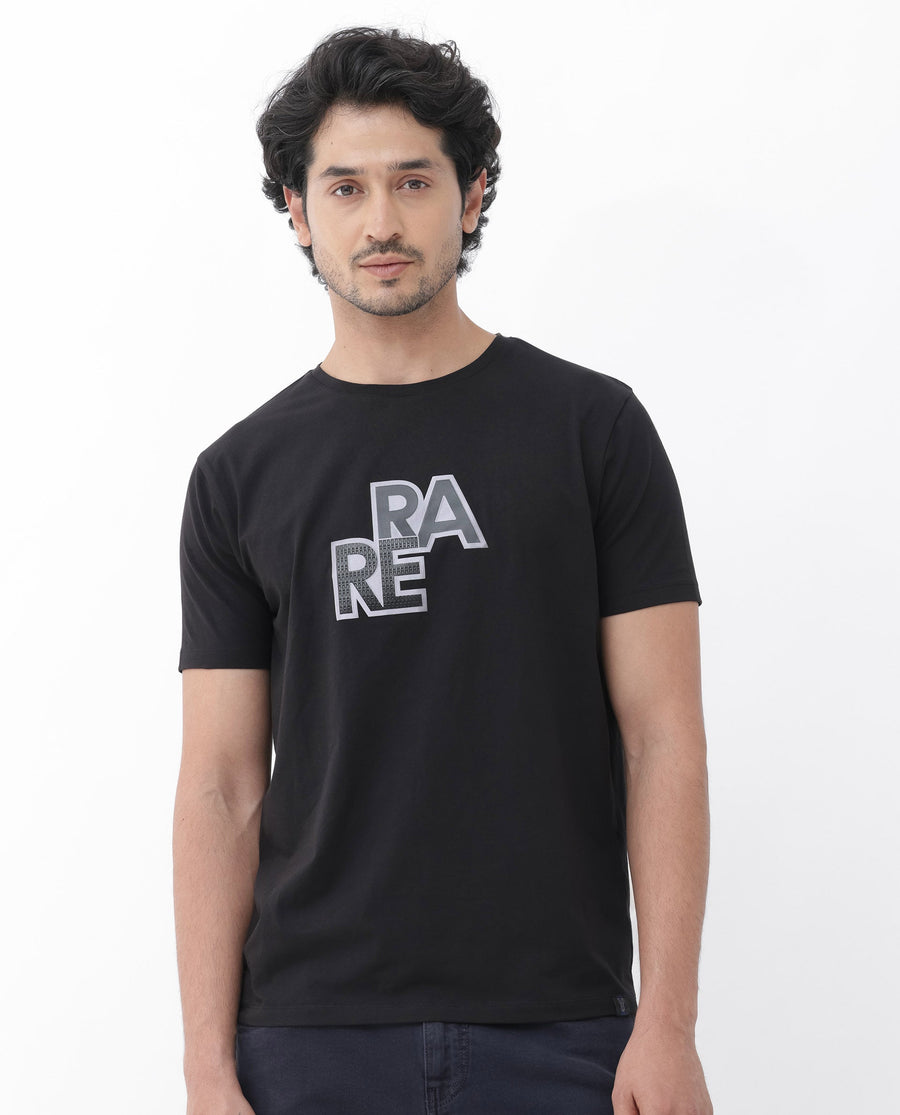Rare Rabbit Men's Oran Black Cotton Blend Graphic Print Regular Fit Half Sleeve Crew Neck T-Shirt