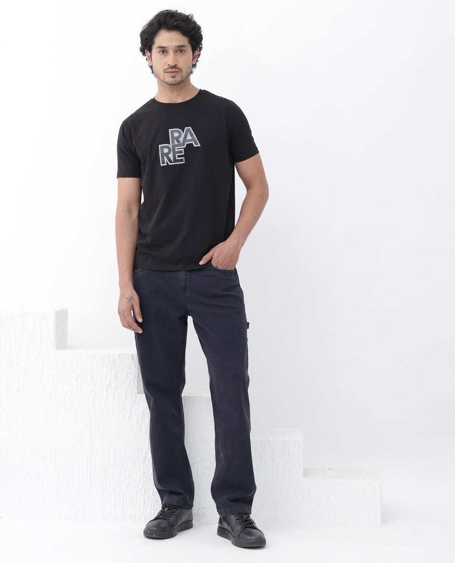 Rare Rabbit Men's Oran Black Cotton Blend Graphic Print Regular Fit Half Sleeve Crew Neck T-Shirt