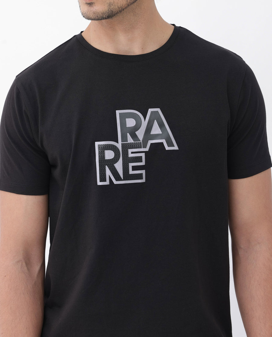 Rare Rabbit Men's Oran Black Cotton Blend Graphic Print Regular Fit Half Sleeve Crew Neck T-Shirt