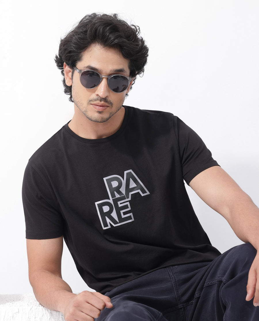 Rare Rabbit Men's Oran Black Cotton Blend Graphic Print Regular Fit Half Sleeve Crew Neck T-Shirt