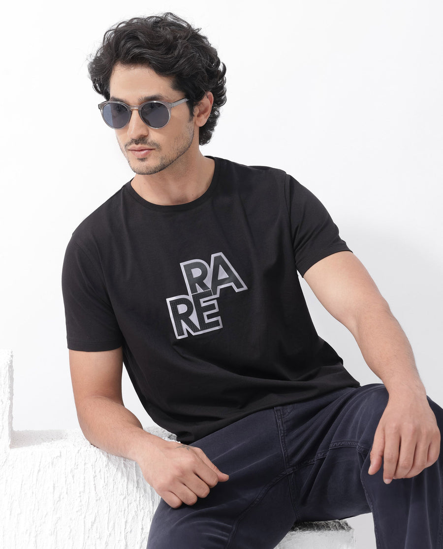 Rare Rabbit Men's Oran Black Cotton Blend Graphic Print Regular Fit Half Sleeve Crew Neck T-Shirt