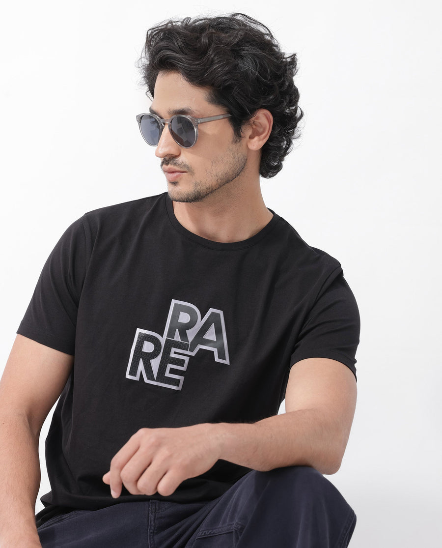 Rare Rabbit Men's Oran Black Cotton Blend Graphic Print Regular Fit Half Sleeve Crew Neck T-Shirt