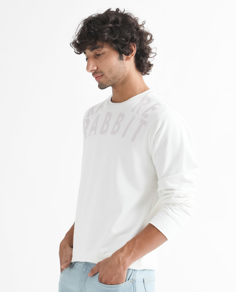 Rare Rabbit Men's Oren Off White Cotton Graphic Print Relaxed Fit Full Sleeve Crew Neck Sweatshirt