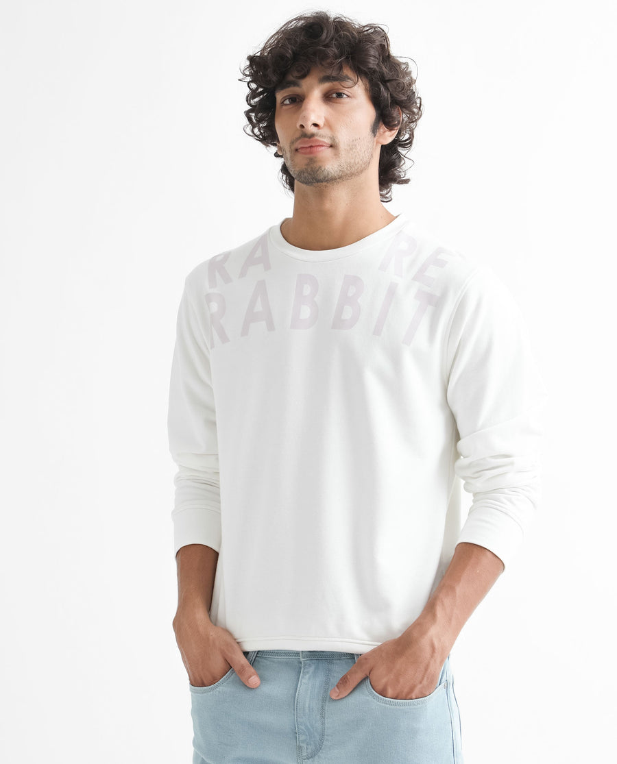 Rare Rabbit Men's Oren Off White Cotton Graphic Print Relaxed Fit Full Sleeve Crew Neck Sweatshirt