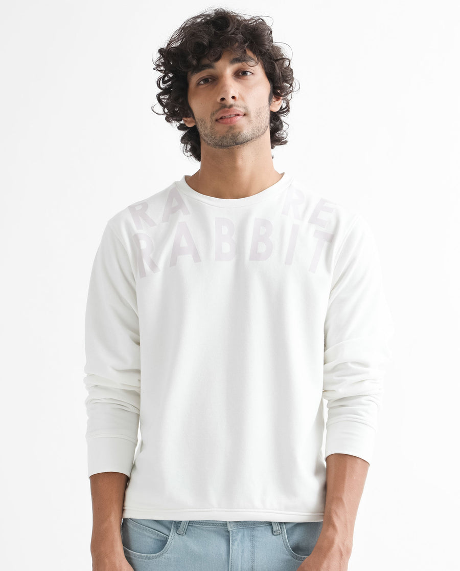Rare Rabbit Men's Oren Off White Cotton Graphic Print Relaxed Fit Full Sleeve Crew Neck Sweatshirt