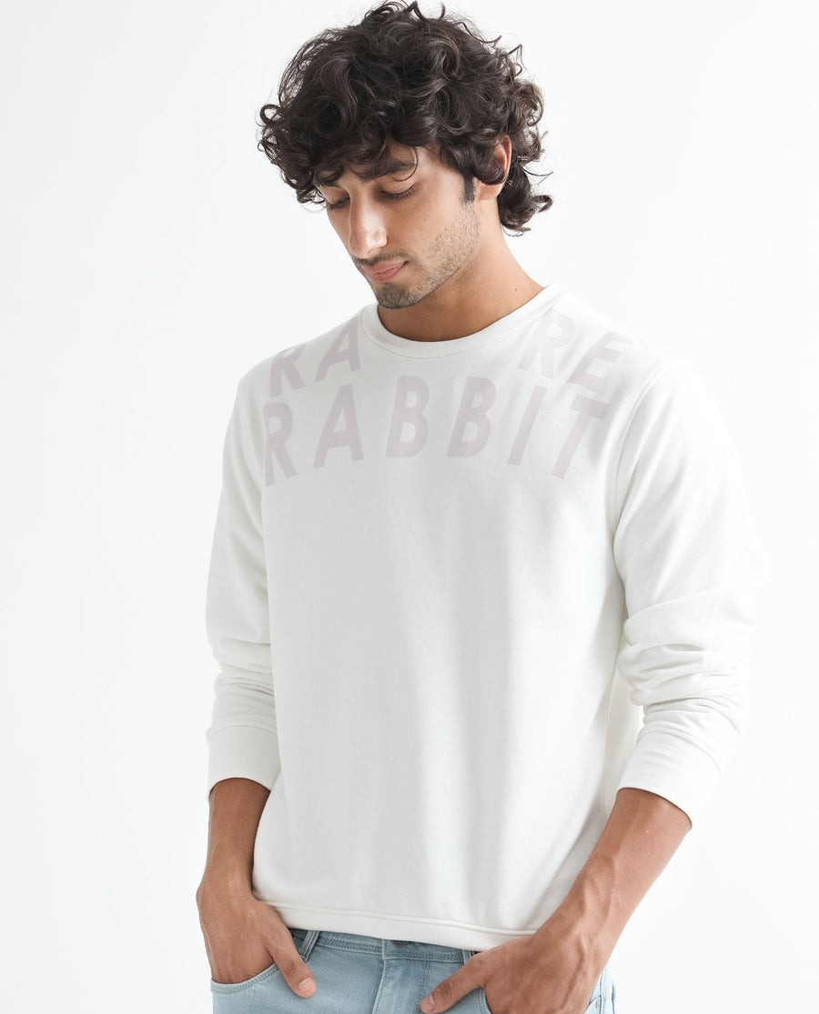 Rare Rabbit Men's Oren Off White Cotton Graphic Print Relaxed Fit Full Sleeve Crew Neck Sweatshirt