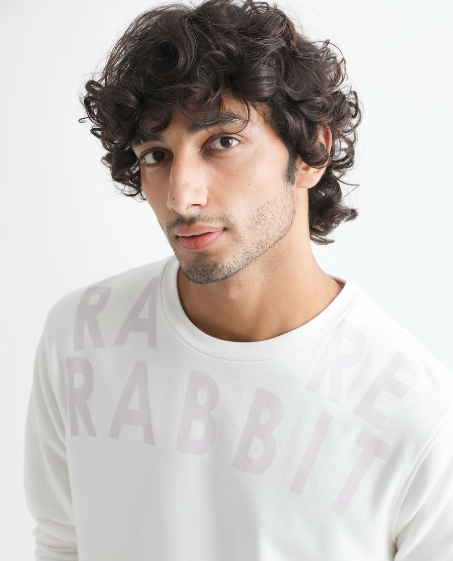 Rare Rabbit Men's Oren Off White Cotton Graphic Print Relaxed Fit Full Sleeve Crew Neck Sweatshirt