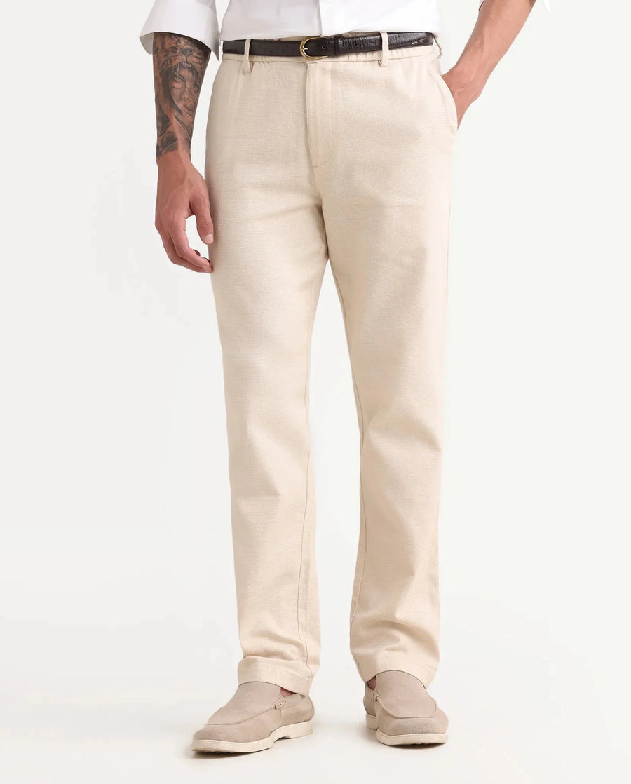 Rare Rabbit Men's Oros Light Beige Cotton Blend Fabric Regular Fit Plain Trouser