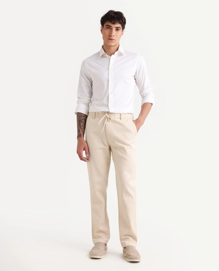 Rare Rabbit Men's Oros Light Beige Cotton Blend Fabric Regular Fit Plain Trouser