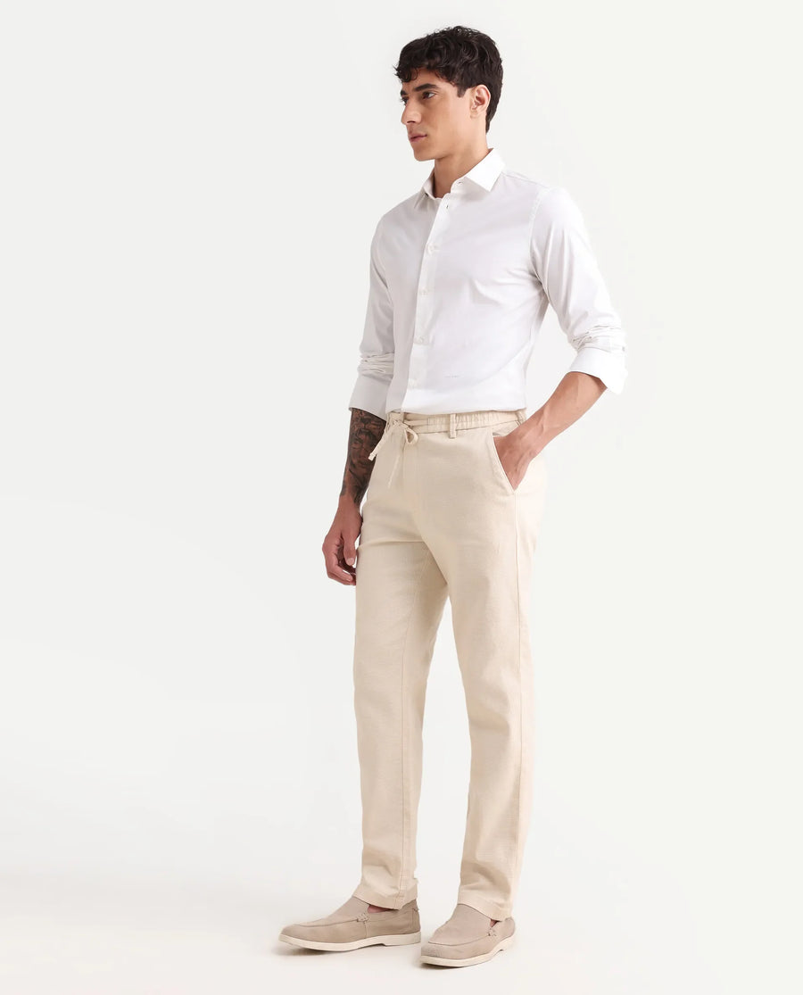 Rare Rabbit Men's Oros Light Beige Cotton Blend Fabric Regular Fit Plain Trouser