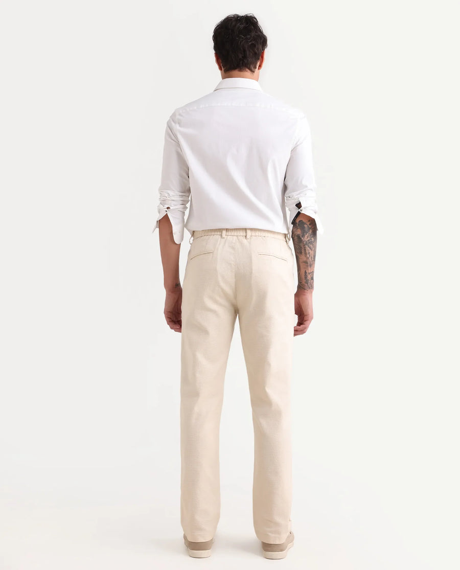Rare Rabbit Men's Oros Light Beige Cotton Blend Fabric Regular Fit Plain Trouser