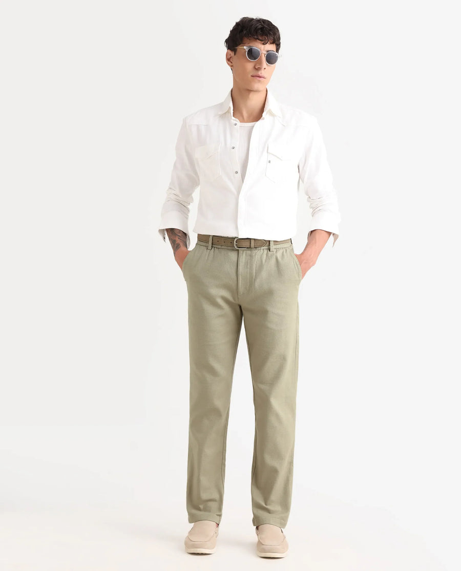 Rare Rabbit Men's Oros Light Olive Cotton Blend Fabric Regular Fit Plain Trouser