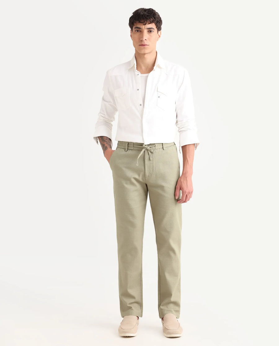 Rare Rabbit Men's Oros Light Olive Cotton Blend Fabric Regular Fit Plain Trouser