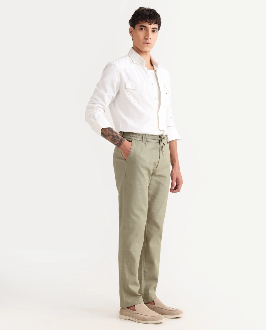Rare Rabbit Men's Oros Light Olive Cotton Blend Fabric Regular Fit Plain Trouser