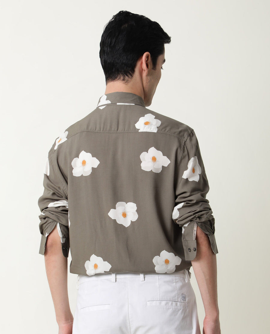 Rare Rabbit Men's Norton Olive Cotton Floral Print Regular Fit Full Sleeve Collared Shirt