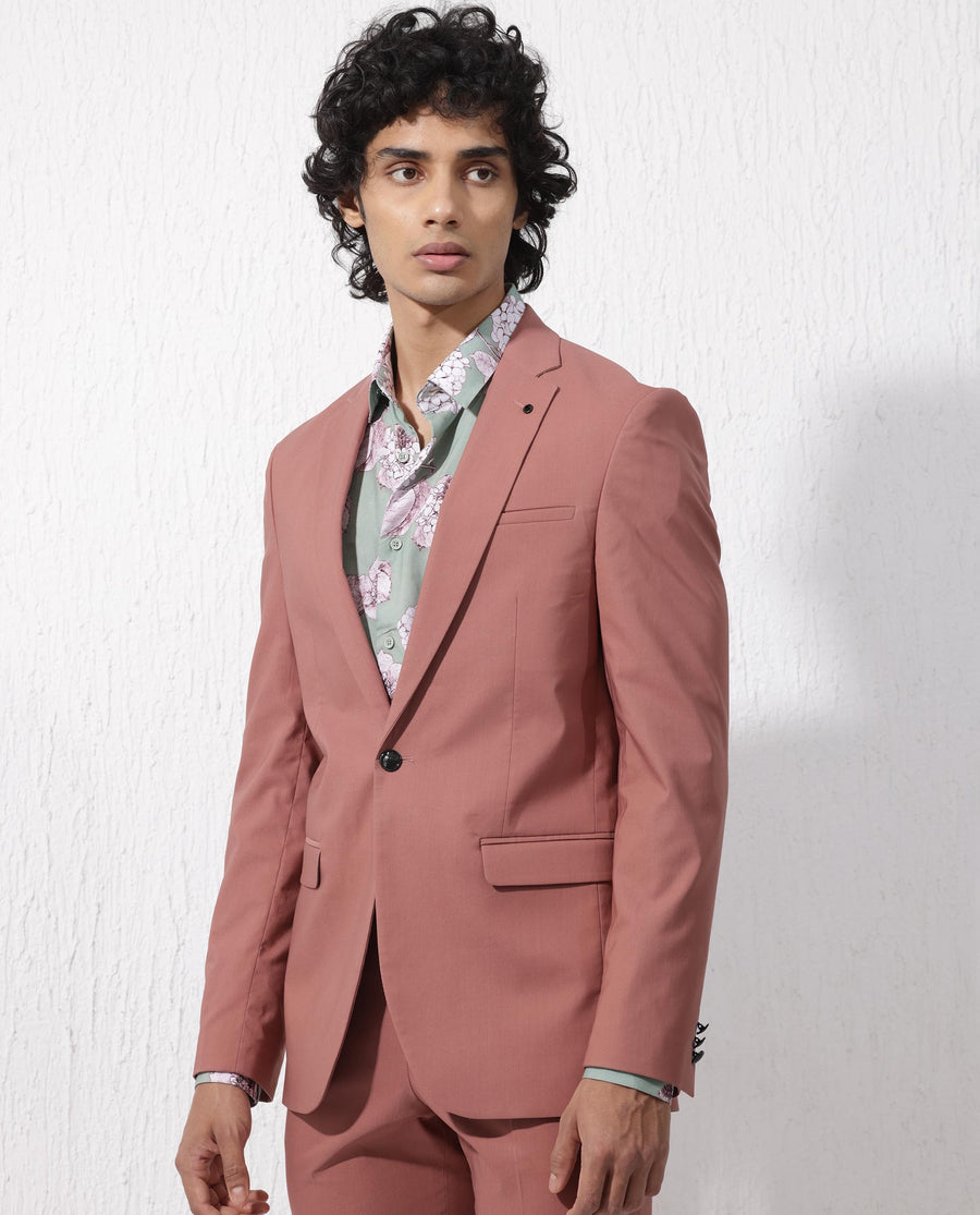 Rare Rabbit Men's Oscar Pastel Pink Polyester Plain Tailored Fit Full Sleeve Lapel Neck Suits