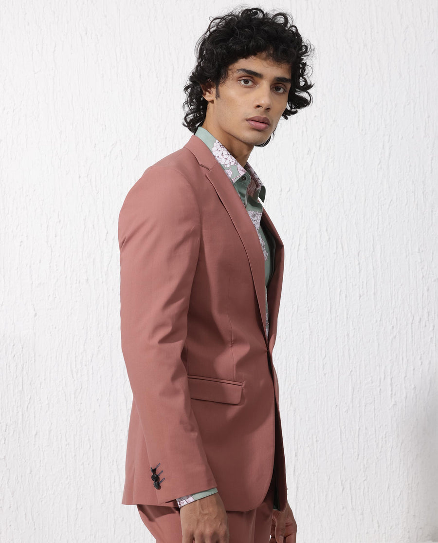 Rare Rabbit Men's Oscar Pastel Pink Polyester Plain Tailored Fit Full Sleeve Lapel Neck Suits