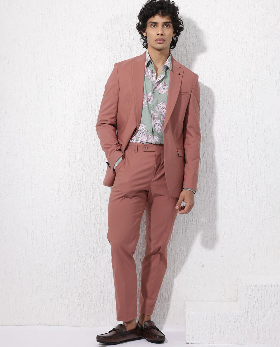 Rare Rabbit Men's Oscar Pastel Pink Polyester Plain Tailored Fit Full Sleeve Lapel Neck Suits