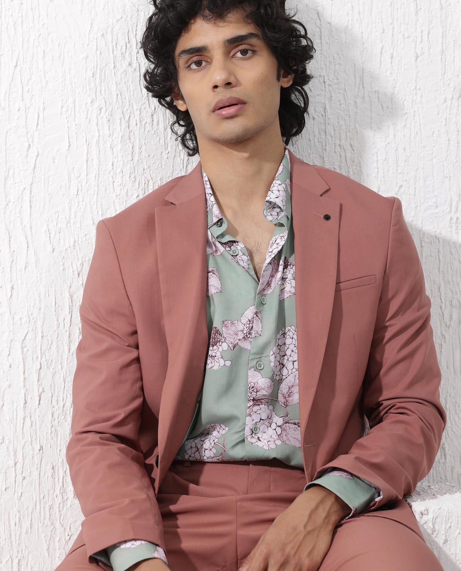Rare Rabbit Men's Oscar Pastel Pink Polyester Plain Tailored Fit Full Sleeve Lapel Neck Suits
