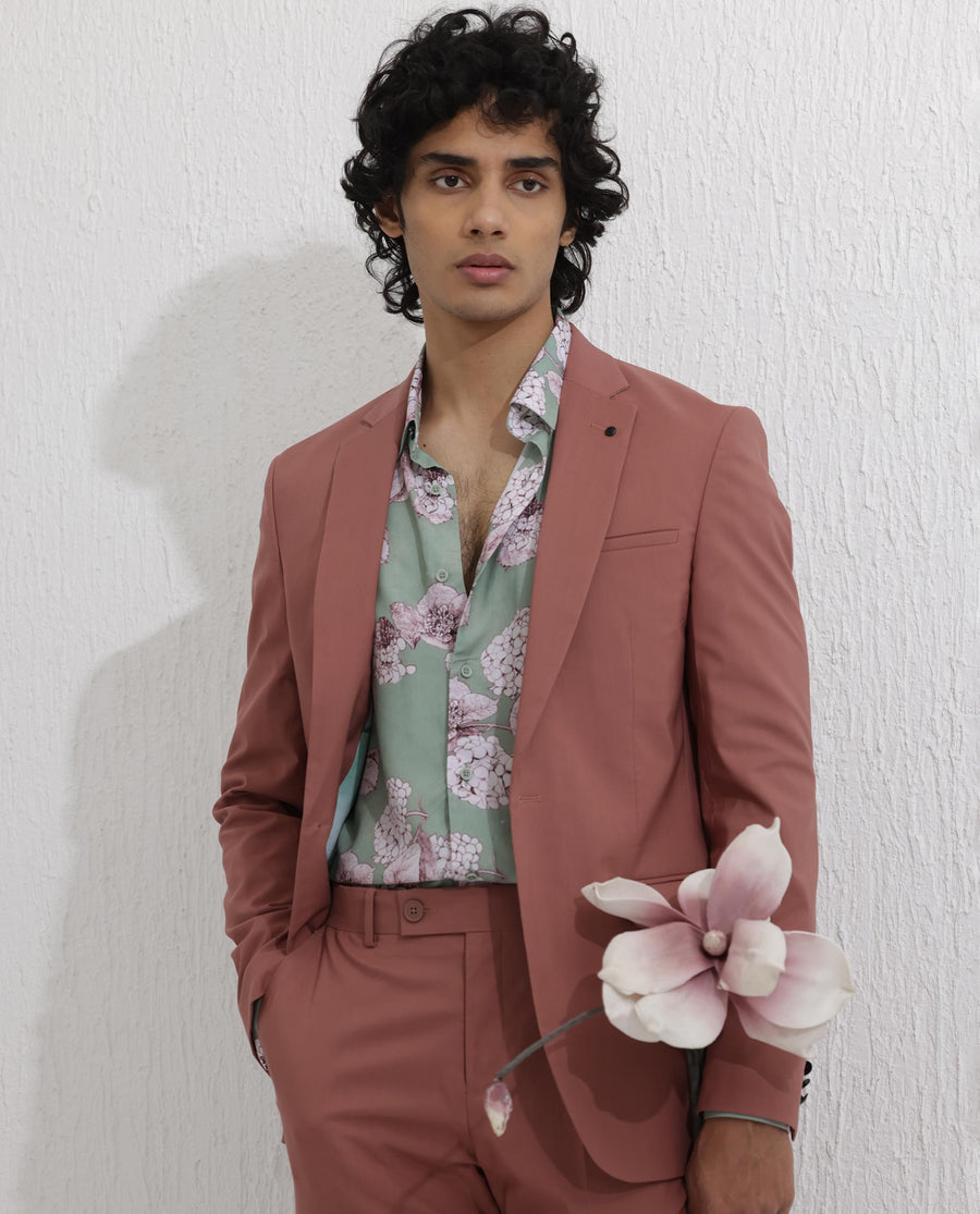 Rare Rabbit Men's Oscar Pastel Pink Polyester Plain Tailored Fit Full Sleeve Lapel Neck Suits