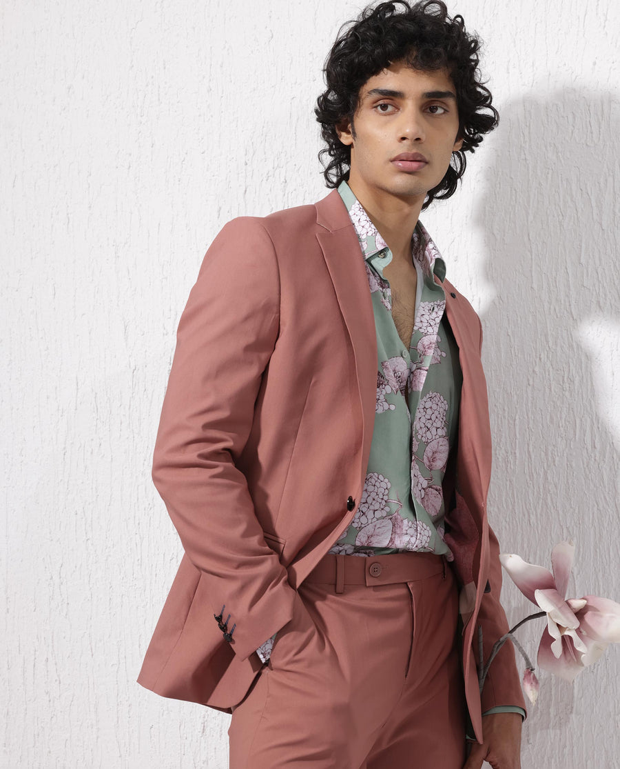 Rare Rabbit Men's Oscar Pastel Pink Polyester Plain Tailored Fit Full Sleeve Lapel Neck Suits