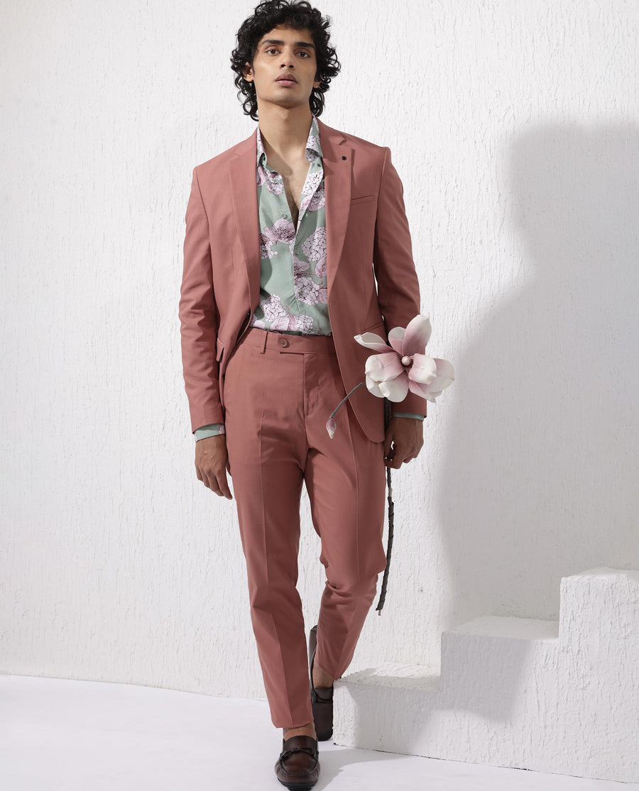 Rare Rabbit Men's Oscar Pastel Pink Polyester Plain Tailored Fit Full Sleeve Lapel Neck Suits