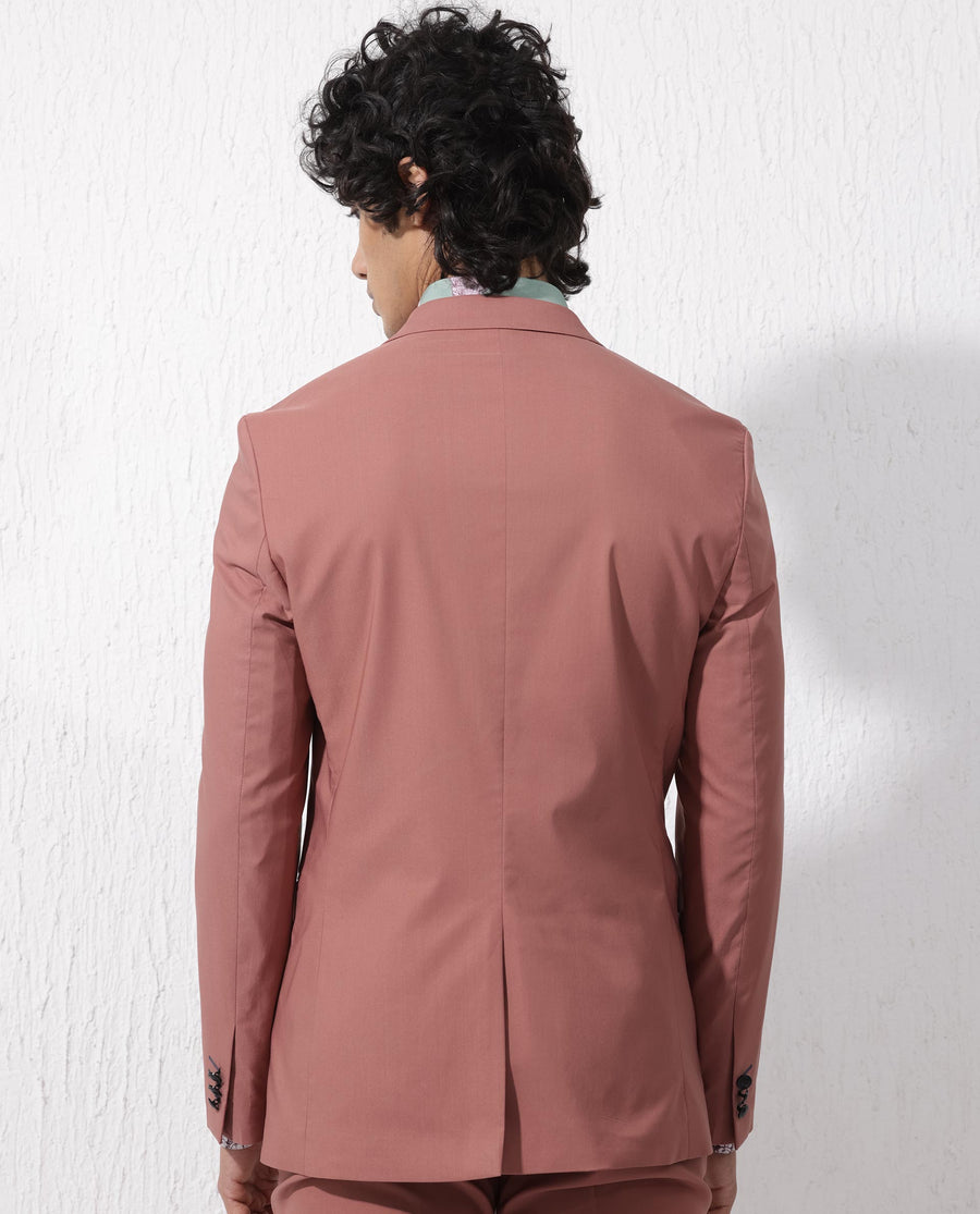 Rare Rabbit Men's Oscar Pastel Pink Polyester Plain Tailored Fit Full Sleeve Lapel Neck Suits