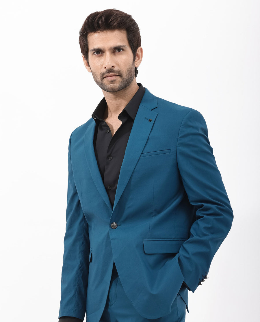 Rare Rabbit Men's Oscar Dark Teal Polyester Plain Tailored Fit Full Sleeve Lapel Neck Suits