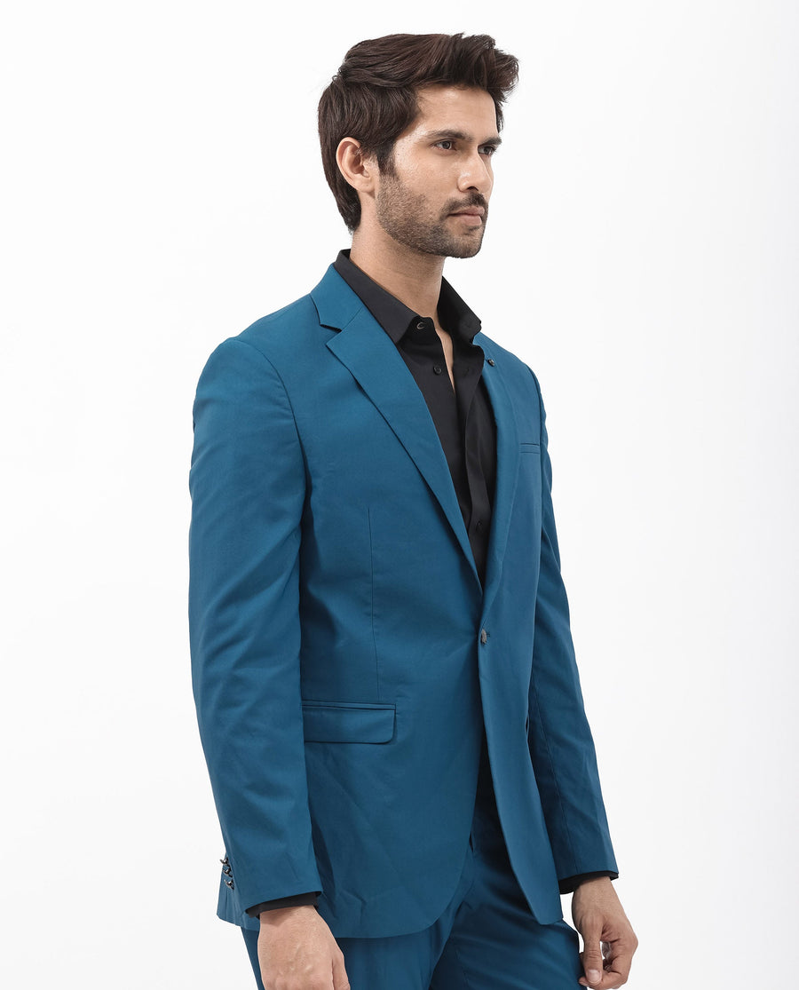 Rare Rabbit Men's Oscar Dark Teal Polyester Plain Tailored Fit Full Sleeve Lapel Neck Suits