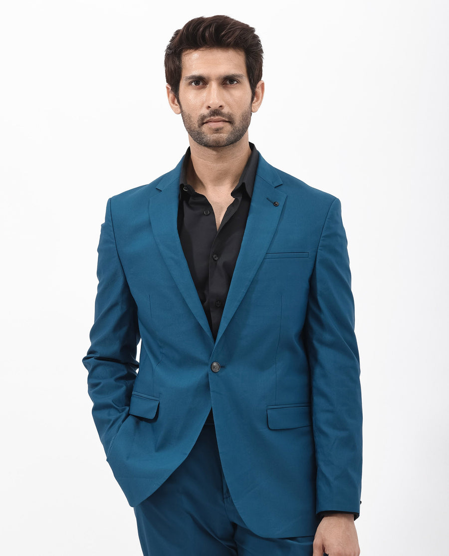 Rare Rabbit Men's Oscar Dark Teal Polyester Plain Tailored Fit Full Sleeve Lapel Neck Suits