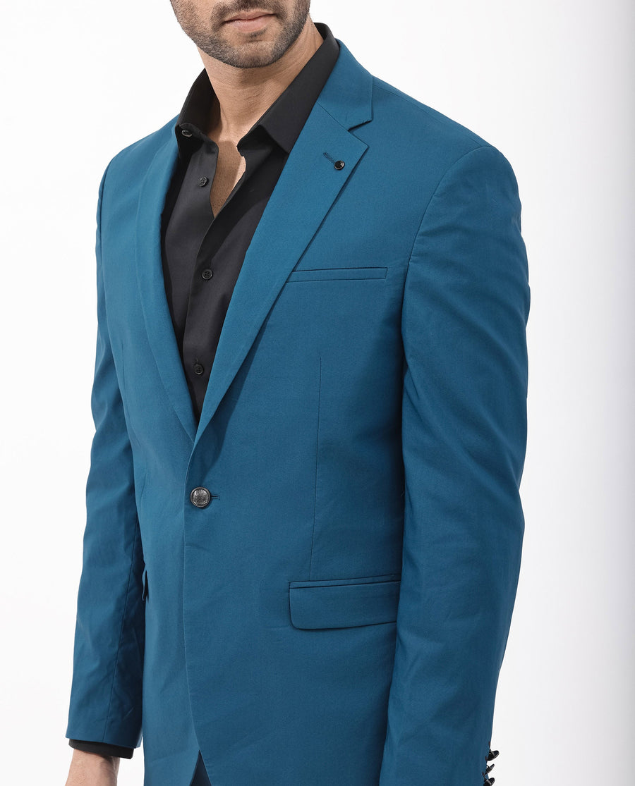 Rare Rabbit Men's Oscar Dark Teal Polyester Plain Tailored Fit Full Sleeve Lapel Neck Suits