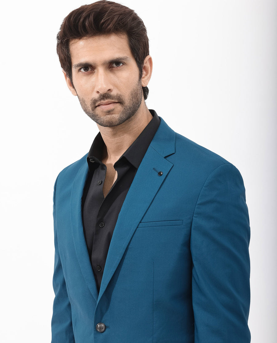 Rare Rabbit Men's Oscar Dark Teal Polyester Plain Tailored Fit Full Sleeve Lapel Neck Suits