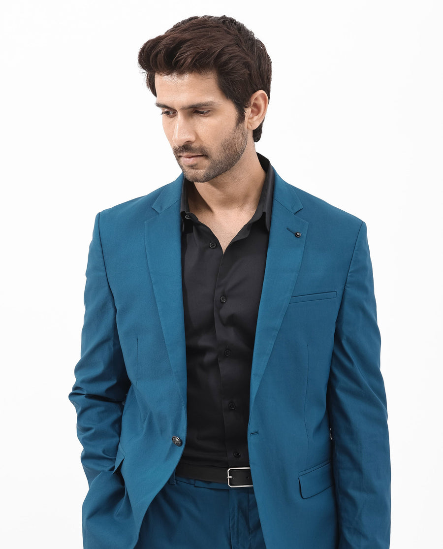 Rare Rabbit Men's Oscar Dark Teal Polyester Plain Tailored Fit Full Sleeve Lapel Neck Suits