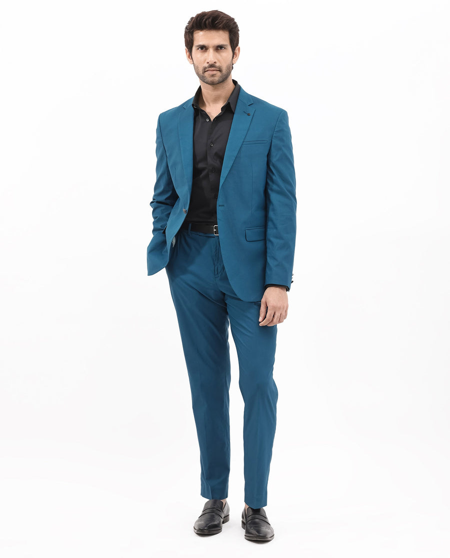 Rare Rabbit Men's Oscar Dark Teal Polyester Plain Tailored Fit Full Sleeve Lapel Neck Suits