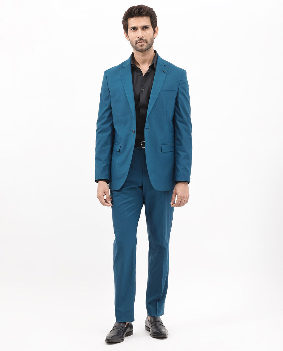 Rare Rabbit Men's Oscar Dark Teal Polyester Plain Tailored Fit Full Sleeve Lapel Neck Suits