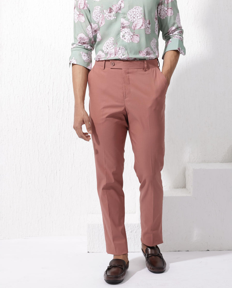 Rare Rabbit Men's Oscar Pastel Pink Polyester Plain Tailored Fit Full Sleeve Lapel Neck Suits