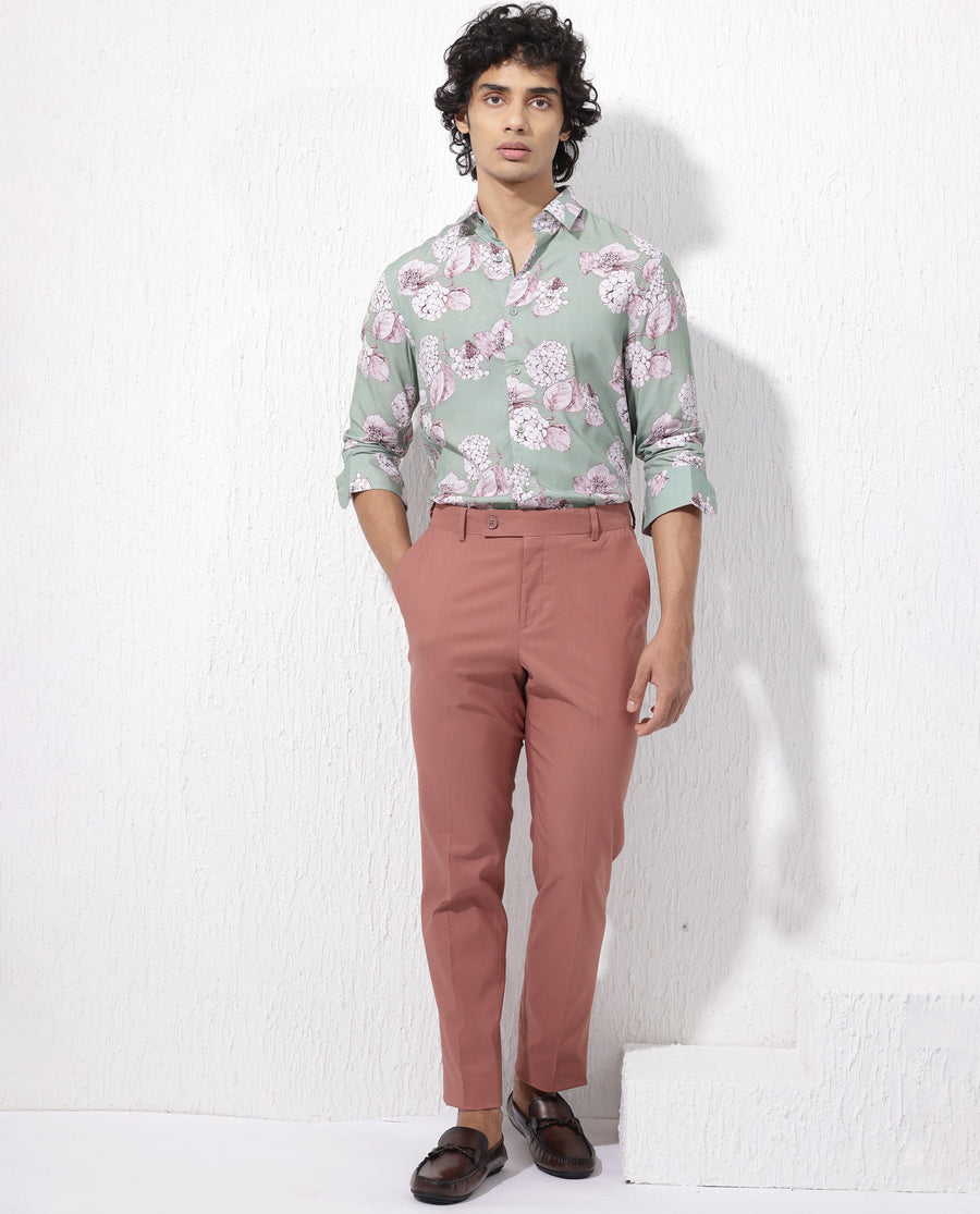 Rare Rabbit Men's Sakura Dusky Green Cotton Floral Print Regular Fit Full Sleeve Collared Shirt