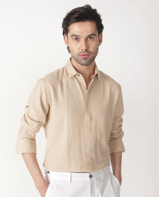 Rare Rabbit Men's Otago Beige Cotton Plain Regular Fit Full Sleeve Collared Shirt