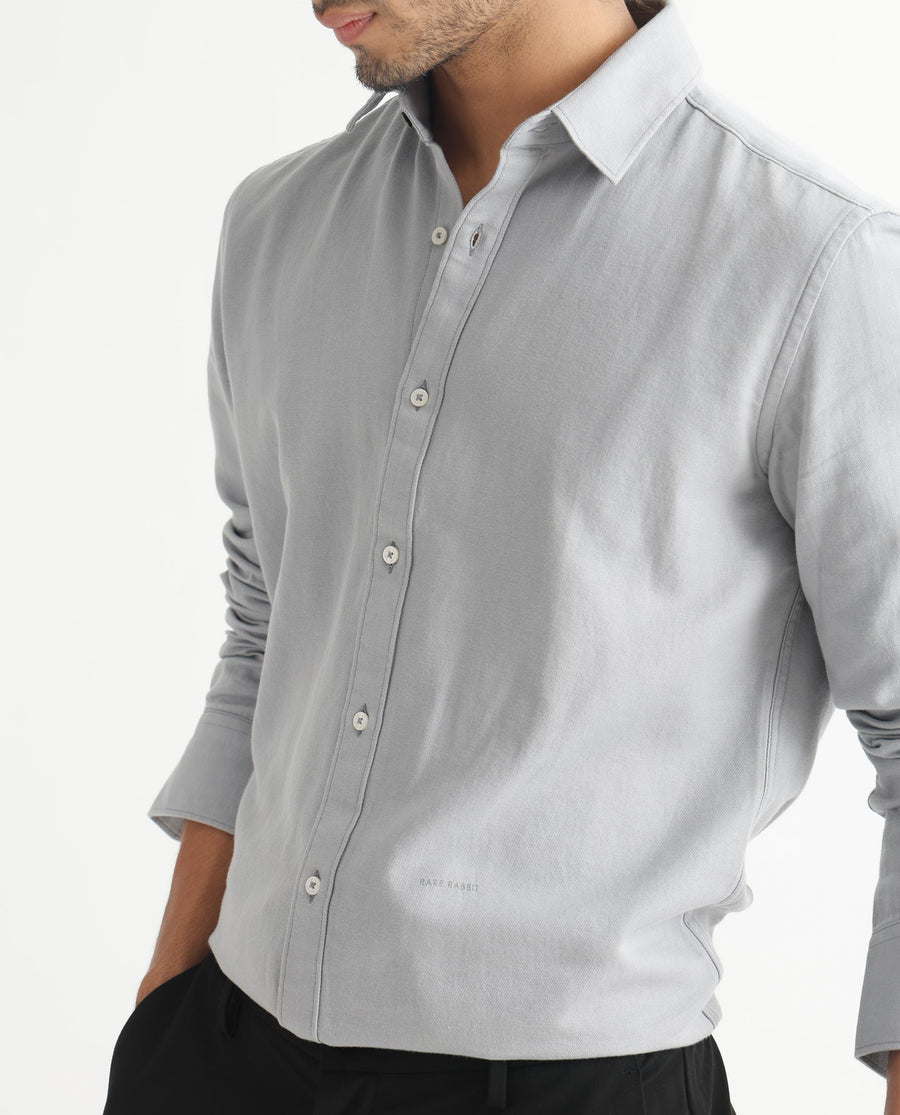 Rare Rabbit Men's Otago Grey Cotton Plain Regular Fit Full Sleeve Collared Shirt