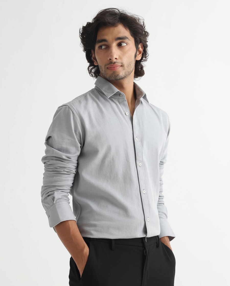 Rare Rabbit Men's Otago Grey Cotton Plain Regular Fit Full Sleeve Collared Shirt