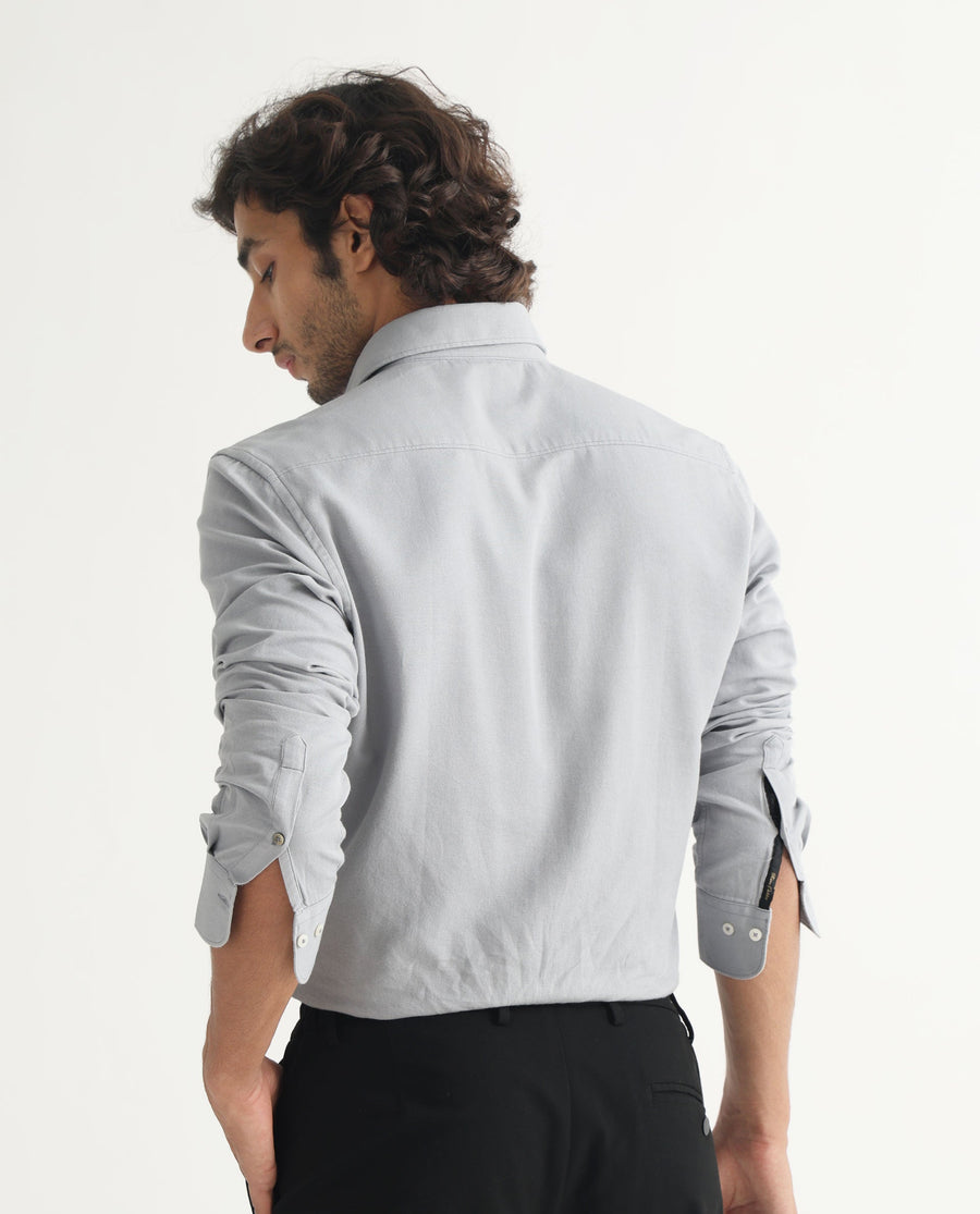 Rare Rabbit Men's Otago Grey Cotton Plain Regular Fit Full Sleeve Collared Shirt