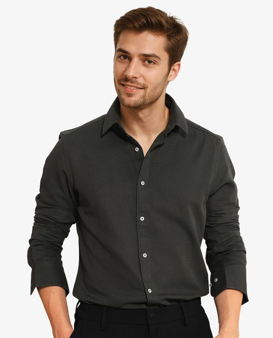 Rare Rabbit Men's Otago Olive Cotton Plain Regular Fit Full Sleeve Collared Shirt