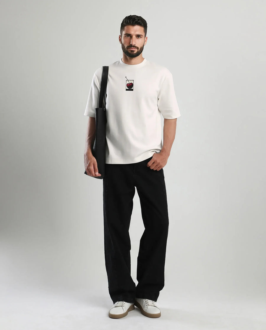 Rare Rabbit Men's Otar Off White Cotton Blend Graphic Print Regular Fit Half Sleeve Crew Neck T-Shirt